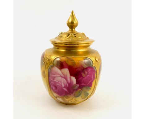 A Royal Worcester covered vase, the quarter lobed body decorated with roses by M Hunt, shape number H162, dated 1936, height 