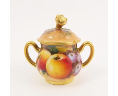 A Royal Worcester miniature two handled sugar box and cover, decorated all around with fruit to a mossy background, the cover