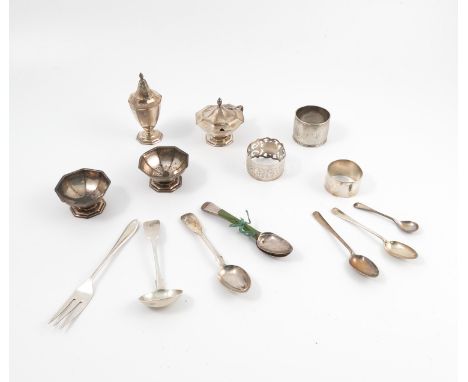 A silver four piece cruet set, comprising a pair of open salts, a pepperette and a covered mustard pot, of octagonal form, Sh