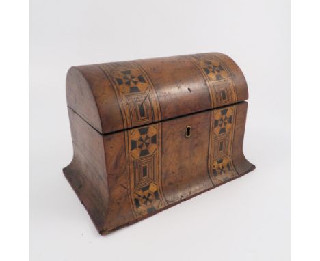 A 19th century walnut dome top tea caddy, with inlaid bands, the interior fitted with two covered compartments, width 8ins   