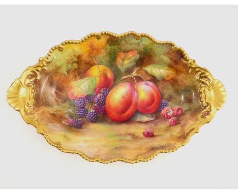 A Royal Worcester oval dish, decorated with fruit to a mossy background by H Price, with gilt shaped edge, dated 1929, af, wi