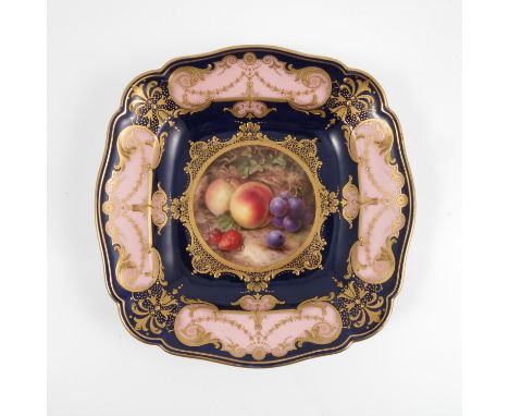 A Royal Worcester square dish, the centre decorated with fruit to a mossy background by Seabright, to a gilt frame with dark 