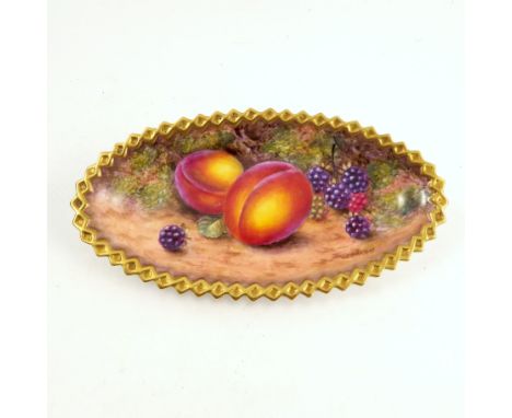 A Royal Worcester oval dish, decorated with fruit to a mossy background by Freeman, with gilt shaped edge, dated 1949, width 