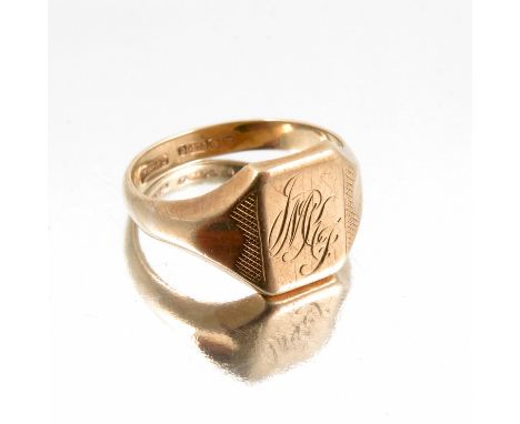 A 9 carat gold signet ring, monogrammed, finger size T 1/2, 5.8g gross