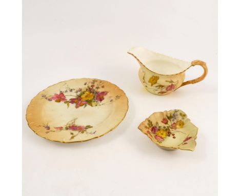 A group of Royal Worcester blush ivory, to include a plate, a jug and a small dish, all decorated with floral sprays   Condit