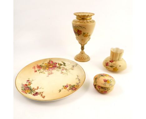 A group of Royal Worcester blush ivory, to include a plate, a covered circular pot, a vase and a vase supported on a claw, al