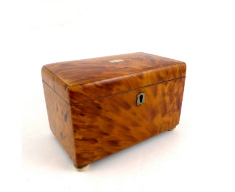 A 19th century tortoiseshell tea caddy, of rectangular form, with mother of pearl rectangular plaque to the cover, the interi