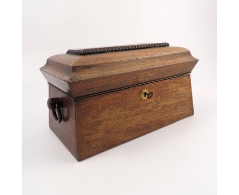 A 19th century rosewood tea caddy, of sarcophagus form, with ring handles, the interior fitted with a central well with a gla