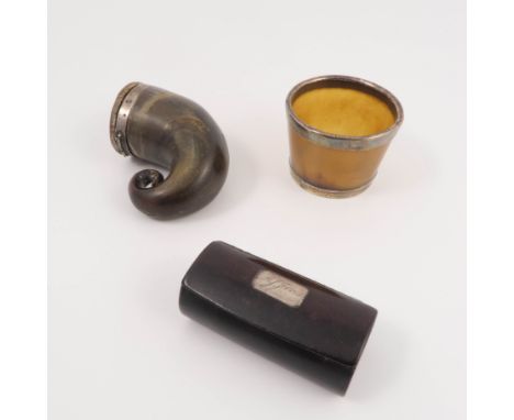 A 19th century horn snuff mull, with horn cover and silver rim, the rim engraved Peter Ewing, height 2.75ins, together with a