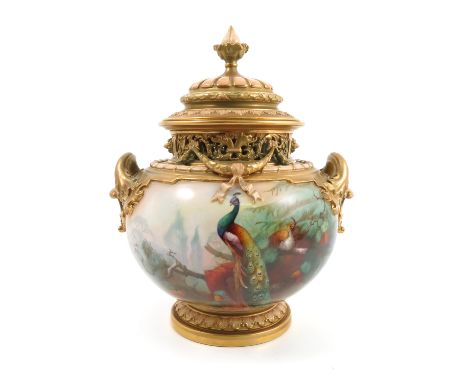 A Royal Worcester bow vase and cover, the body decorated with peacocks and peahens on pine tree branches with pine cones by A