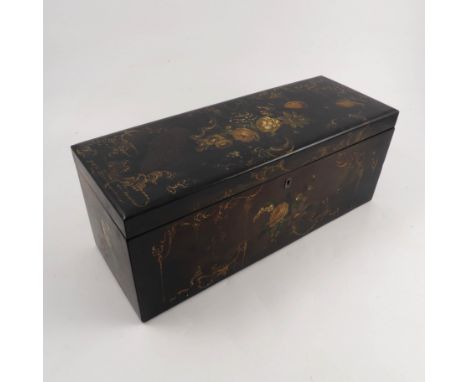 A 19th century tea caddy, of rectangular form, the exterior with a black lacquer ground decorated with painted flowers and gi