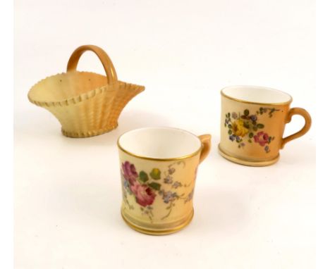 Two Royal Worcester blush ivory miniature mugs, dated 1908 and 1918, heights 1.5ins and 1.25ins, together with a Royal Worces