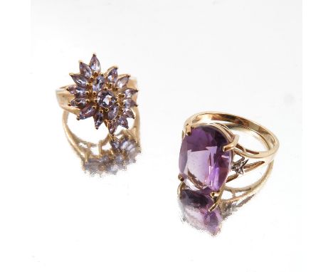 A 9 carat gold Tanzanite cluster ring, finger size P, a 9 carat gold amethyst single stone ring, 7.3g gross