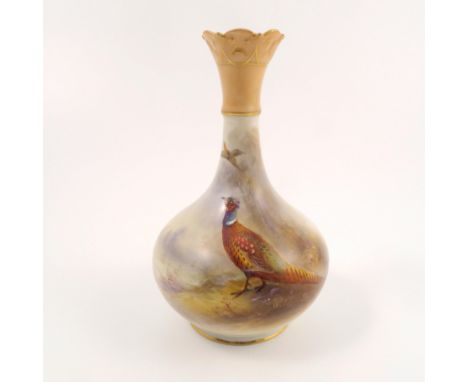 A Royal Worcester vase, with blush ivory to top of neck, the body decorated with pheasants in landscape by Jas Stinton, shape