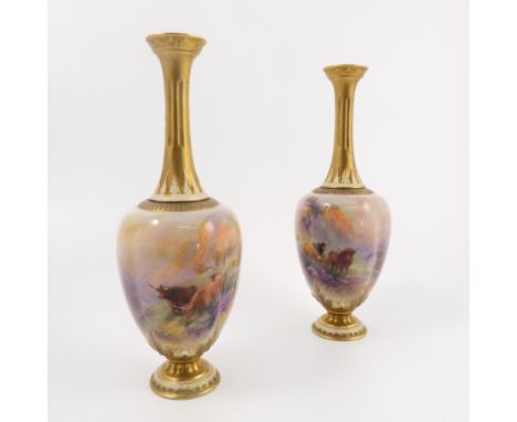 A pair of Royal Worcester vases, with gilt necks, the quarter lobbed body hand painted with Highland cattle in landscape by H