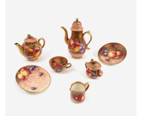 A Royal Worcester miniature tea pot, together with coffee pot, milk jug, covered sugar bowl, tea cup, saucer and plate, all d