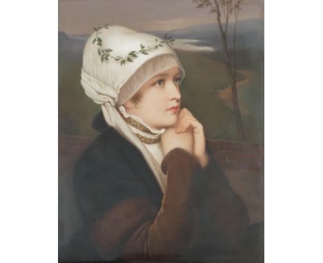 A 19th century KPM framed porcelain plaque, painted with a portrait of a young girl wearing a white bonnet, with river landsc