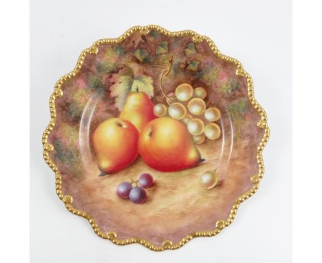 A Royal Worcester plate, decorated with fruit to a mossy ground by Aryton, to a shaped gilt edge, diameter 8.75ins   Conditio