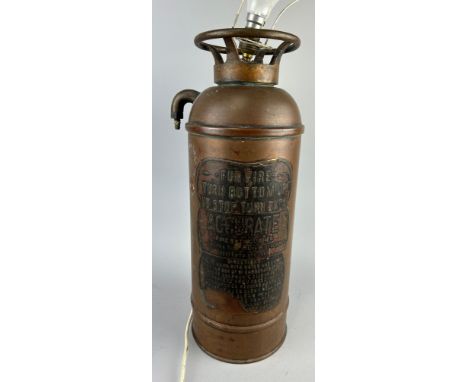 A HEAVY ANTIQUE FIRE EXTINGUISHER ADAPTED FOR A TABLE LAMP, 51cm x 17cm 
