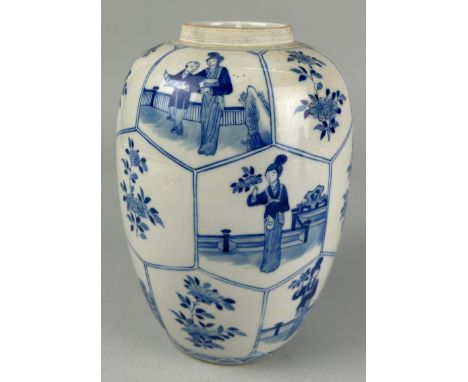 A 19TH CENTURY CHINESE VASE BLUE AND WHITE WITH FIGURES AND FLOWERS, 20.5cm h x 14.5cm wFaint double circle to base, drilled 