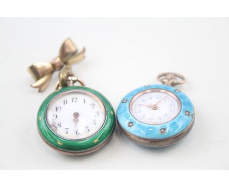 TWO LADIES MIXED PURITY SILVER AND ENAMEL FOB WATCHES, Hand-wind. 