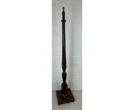 A LARGE MAHOGANY STANDARD LAMP CRAFTED FROM A BED POST, 185cm H 