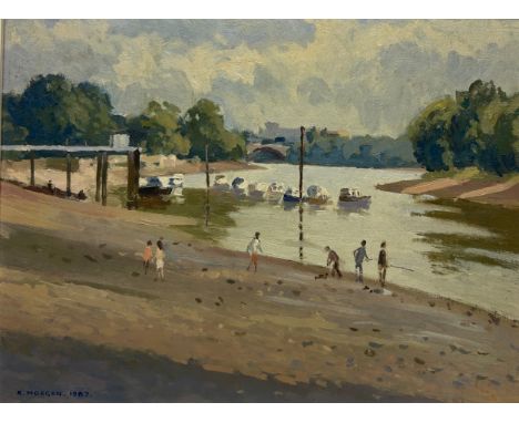 RONALD MORGAN R.B.A, R.O.I., (1936-2019): AN OIL PAINTING ON BOARD TITLED 'LOW WATER, STRAND ON THE GREEN', 28cm x 21cm Mount