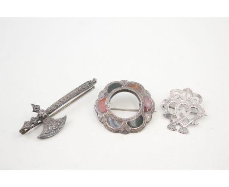 A GROUP OF THREE SILVER ANTIQUE SCOTTISH BROOCHES WITH GEMSTONES, Weight: 20gms 