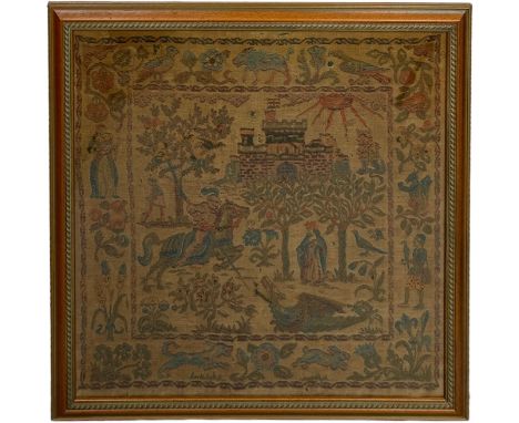 A STUMP WORK TAPESTRY EMBROIDERY, 57cm x 57cm Mounted in a frame and glazed. 65cm x 65cm 