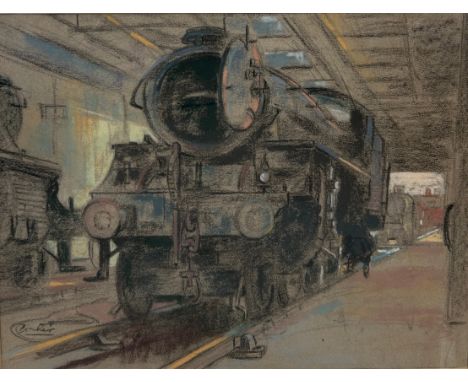 A LARGE PASTEL DRAWING ON PAPER DEPICTING A TRAIN IN A DEPOT, Signed indistinctly 'Borker?'57cm x 44cm Mounted in a frame and