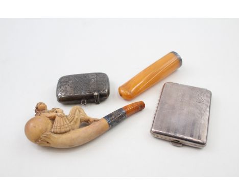 A COLLECTION OF FOUR 925 STERLING SILVER TOBACCIANA, Include meerchaum banded smoking pipe. 