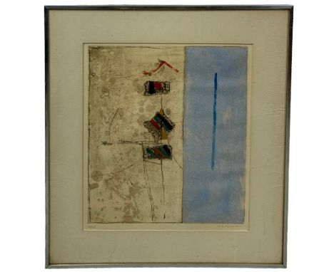 AN ABSTRACT MID CENTURY PRINT/ETCHING IN COLOURS,Signed indistinctly bottom right. Numbered edition 32/?.39cm x 34cmMounted i