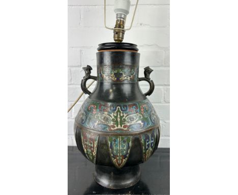 AN ORIENTAL CLOISONNE DESIGN VASE ADAPTED FOR A LAMP, 39cm H 