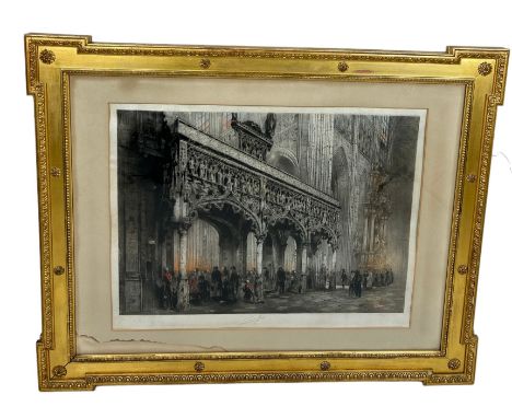 CAMILLE FONCE (FRENCH, 1867-1937): A LARGE ETCHING IN COLOURS DEPICTING A FRENCH CATHEDRAL, 65cm x 50cm Mounted in a gilt woo