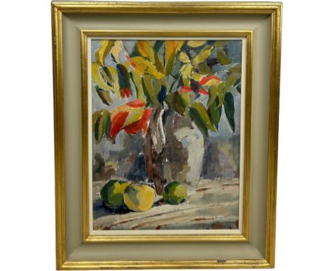 20TH CENTURY SCHOOL: AN OIL PAINTING ON BOARD DEPICTING A STILL LIFE WITH FLOWERS IN A TERRACOTTA OLIVE JAR, WITH LEMONS, 44c