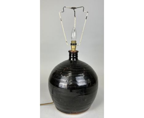 A 20TH CENTURY BLACK GLAZED GLOBULAR VASE POSSIBLY CHINESE, ADAPTED FOR A TABLE LAMP,31cm H 