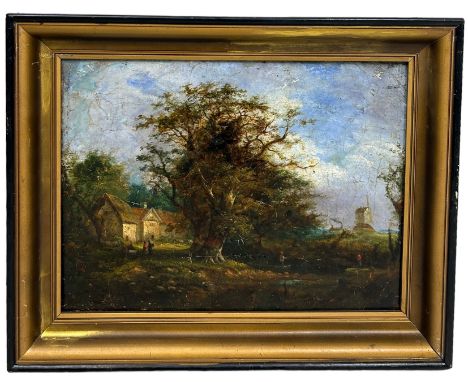 AFTER JOHN CONSTABLE (1776-1837): AN OIL PAINTING ON CANVAS DEPICTING FIGURES FISHING BY A STREAM WITH A WINDMILL AND FARMHOU