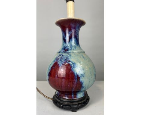 A CHINESE FLAMBE VASE, Vase 28cm HAdapted for a lamp, on rosewood base. 