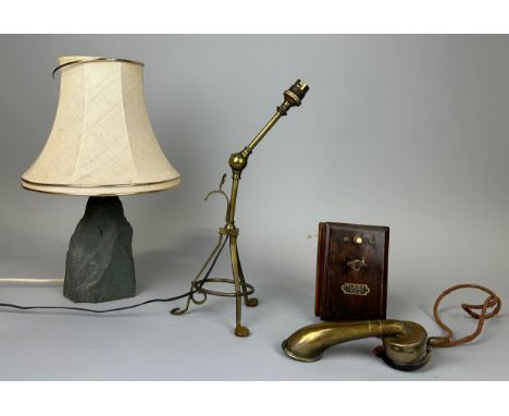 AN ARTS AND CRAFTS TABLE LAMP, ANOTHER LAMP IN THE FORM OF A ROCK, AND AN ANTIQUE TELEPHONE FROM PARIS (3) 