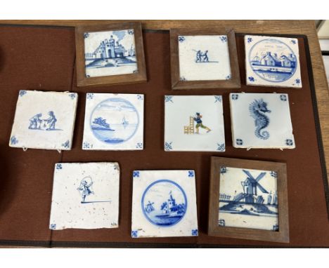 A GROUP OF TEN DELFT TILES, Some antique. Largest tile 13cm x 13cm