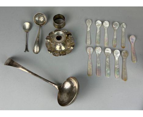 A COLLECTION OF SILVER PLATE TO INCLUDE A HEAVY CHRISTOFLE LADLE MARKED '96', Ladle 30cm L 