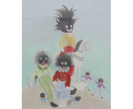 After J.H. Dowd, a hand-coloured print of a sleeping child with a Teddy and a Golliwogg, 13.5cms x 16cms, a coloured print af