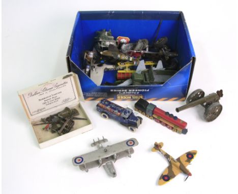 A Dinky Toys Redline Glico tanker, six petrol and oil pumps, miniature lithographed tinplate train, collection of Dinky toys 