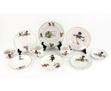 A pottery nursery china plate, decorated with a Golliwogg, a roller skater titled 'Swank' 14cm and other Golliwogg decorated 