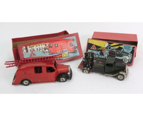 Minic Searchlight Lorry and fire engine, both boxed (2).