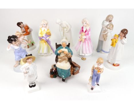 Royal Doulton figures : Nanny HN 2221, Childhood Days HN 2970, And So To Bed HN 2966, Faith HN 3941, Charity HN 3087, Sisterl