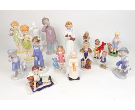 Two Royal Worcester figures after Freda Doughty 'Wednesday's Child', post 1980, 17cm, and 14 other ceramic figures featuring 