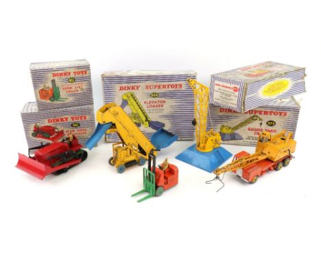 Dinky Toys 401 Coventry Climax Fork Lift Truck, 961 Blaw Knox Bulldozer, 964 Elevator Loader, 973 20-Ton Lorry Mounted Crane 