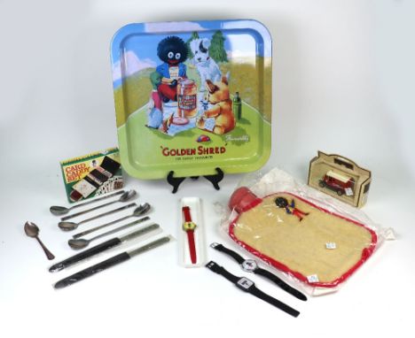 A Robertsons promotional card caddy set, boxed, five Robertsons stainless steel preserve spoons, stamped "Golly Terminal" a R