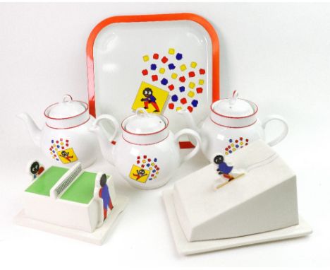 Three Carlton Ware promotional china Robertsons Golly teapots, a printed pressed tin tea tray together with a pottery cheese 